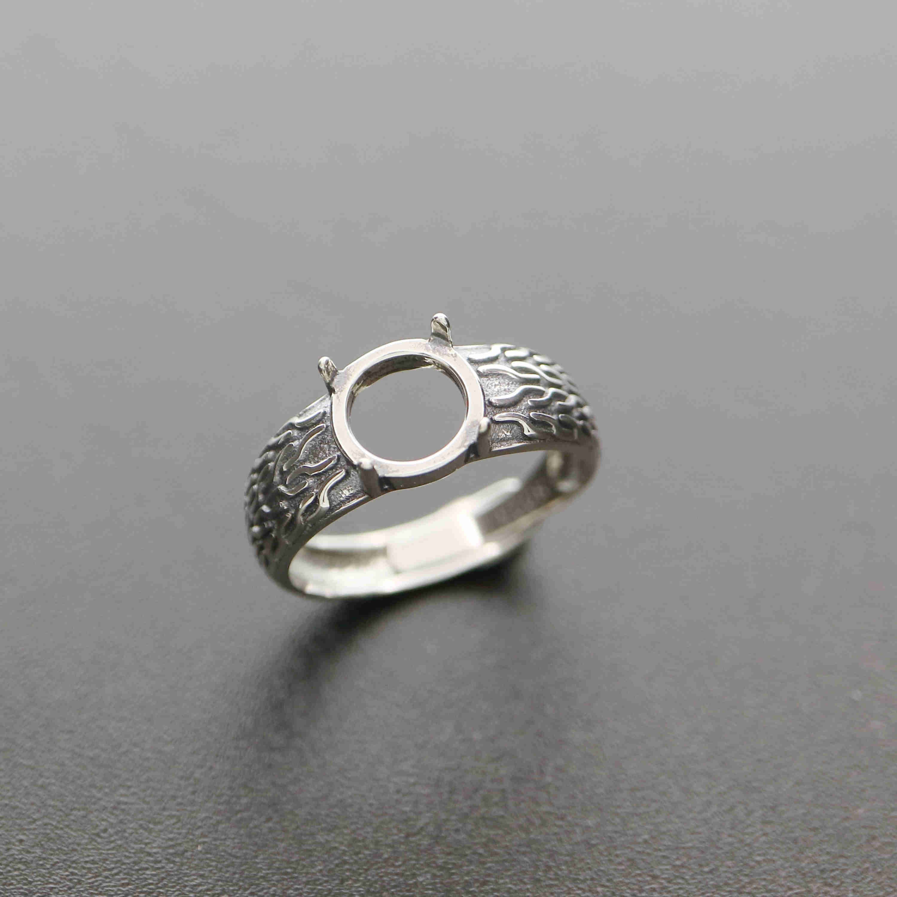 1Pcs 8MM Round Vintage Style Antiqued Silver Gems Cabochon Stone Prong Bezel Solid 925 Sterling Silver Adjustable Ring Settings 1213044 - Click Image to Close